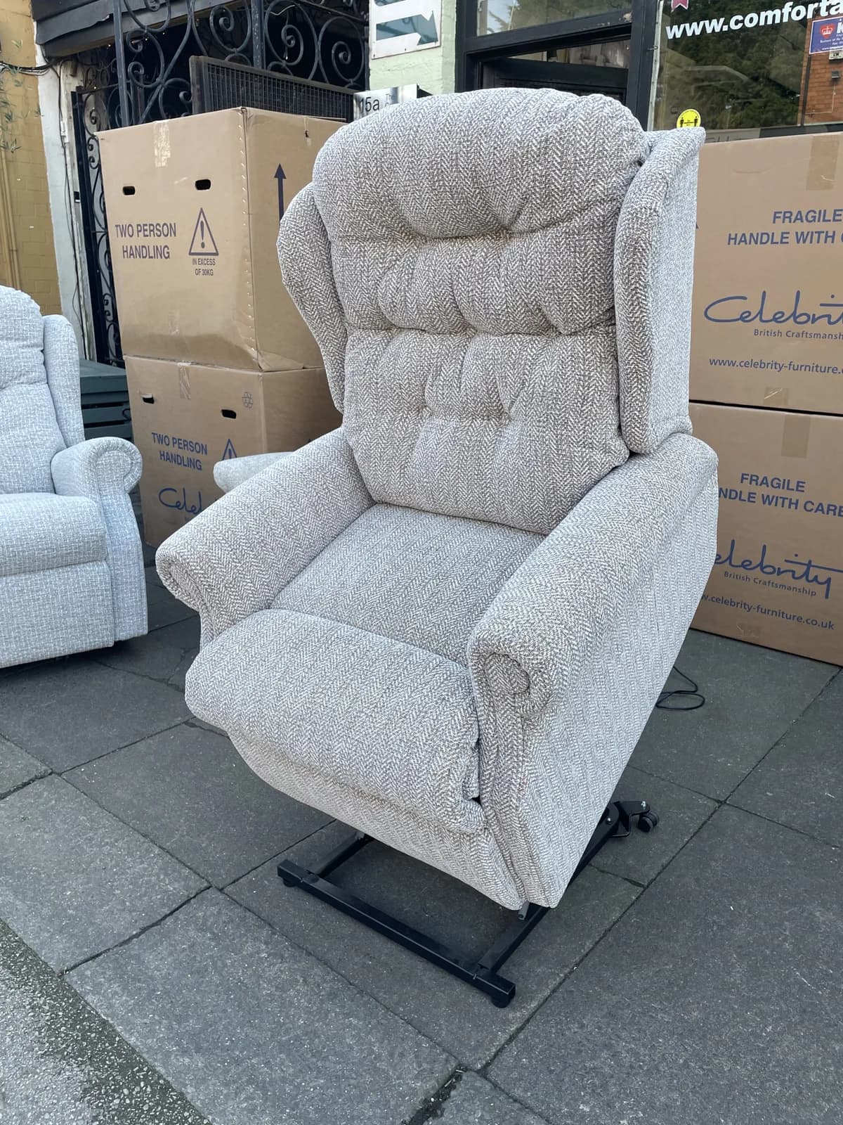 Celebrity Woburn Petite Dual Motor Riser Recliner in Dalbly Moss with Arm Caps — photograph 1