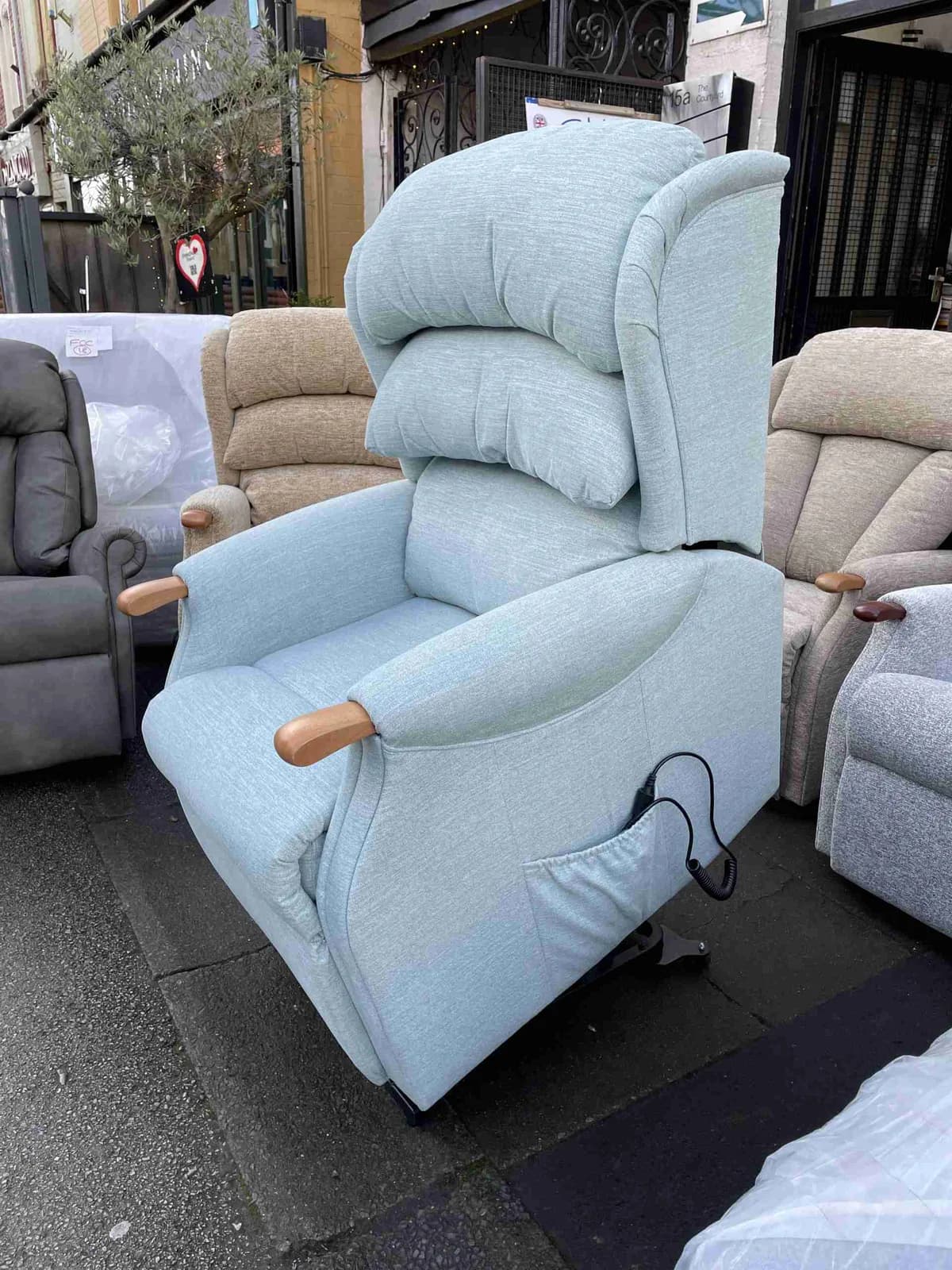 Westbury Dual Motor Riser Recliner with Massage and Heat Pad in AQUA CLEAN Atlas Sky Fabric — photograph 1