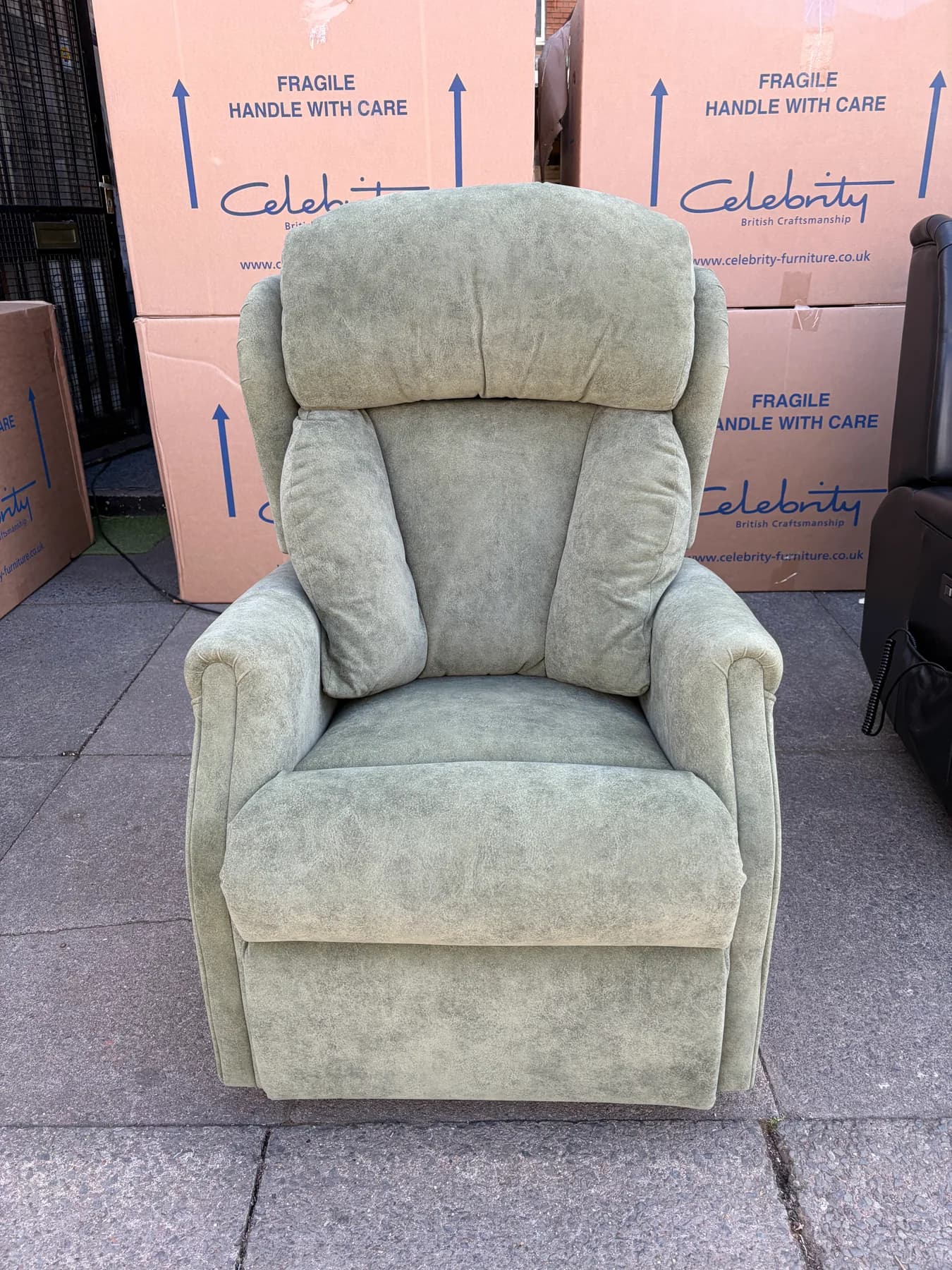 Canterbury Petite Cloud Zero chair in Bison Moss fabric, front view