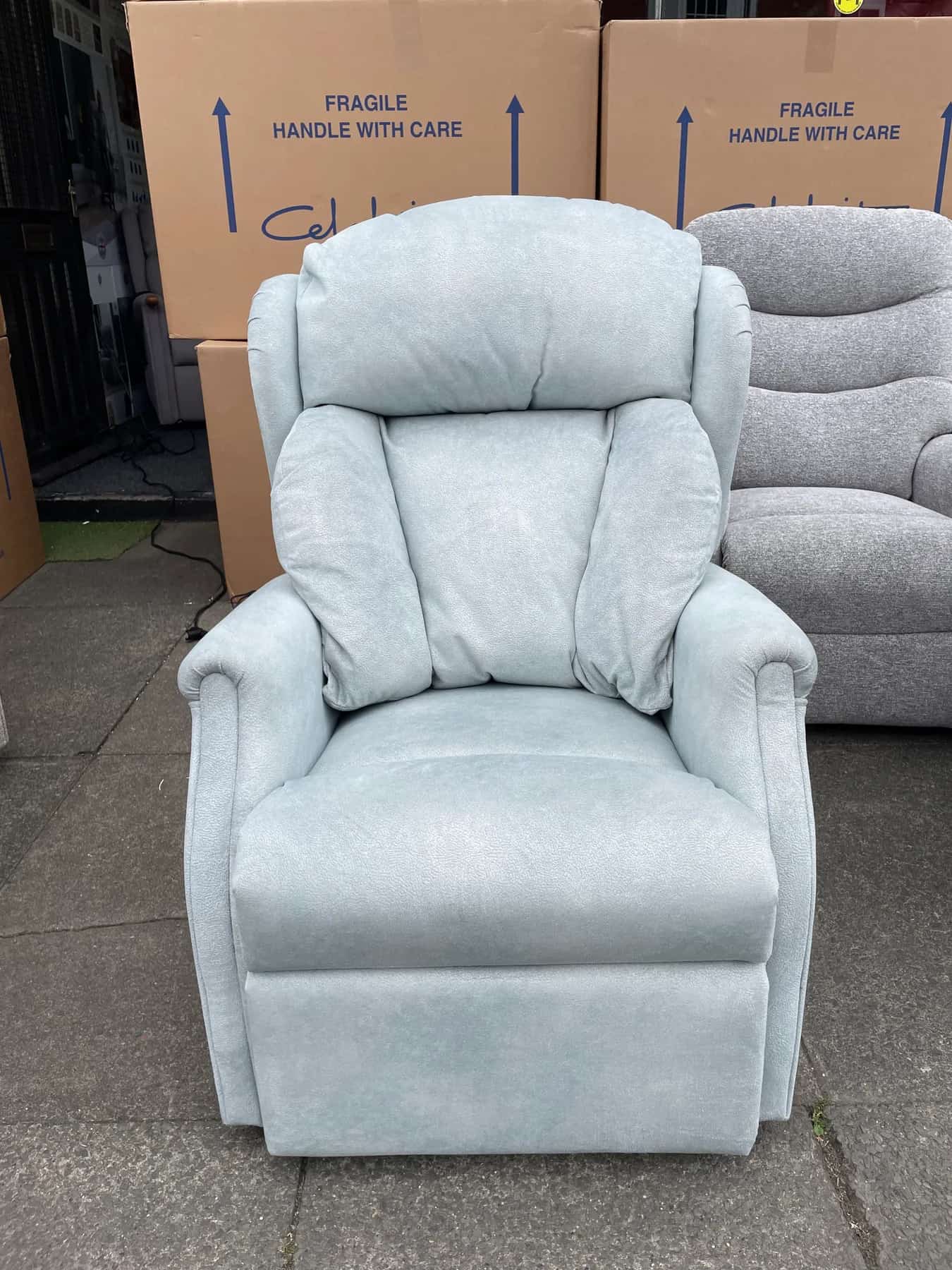 Canterbury Petite dual-motor recliner in Whyburn Aqua fabric, upright front view