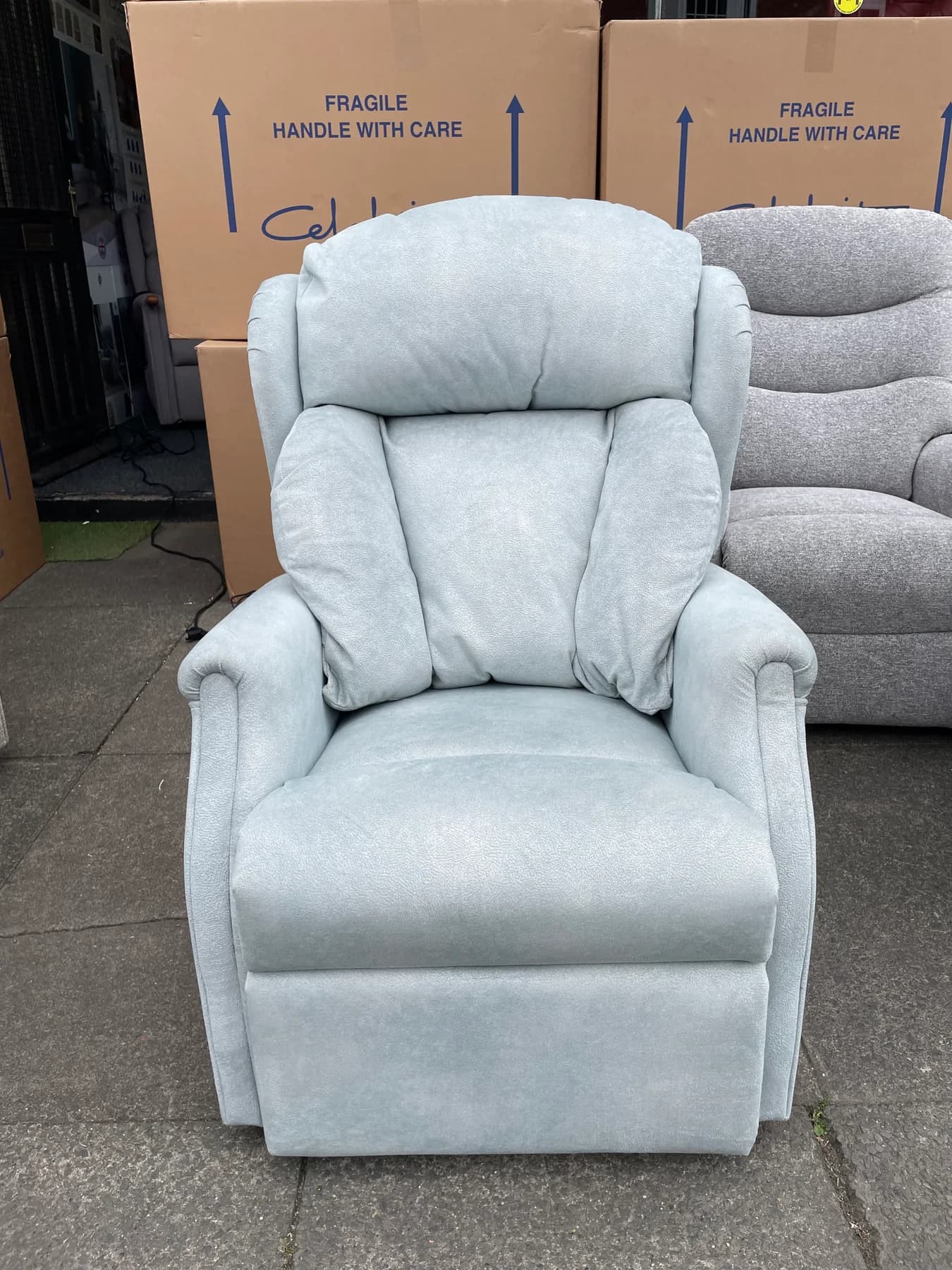 Canterbury Petite dual-motor recliner in Whyburn Aqua fabric, upright front view