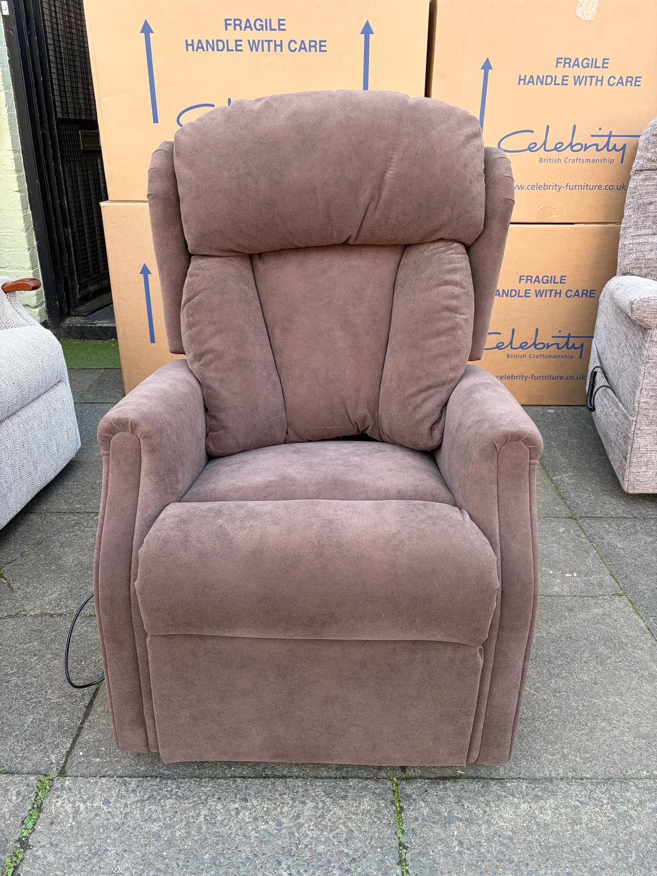 Canterbury Standard Cloud Zero riser recliner with adjustable headrest in Bison Saddle, upright front view