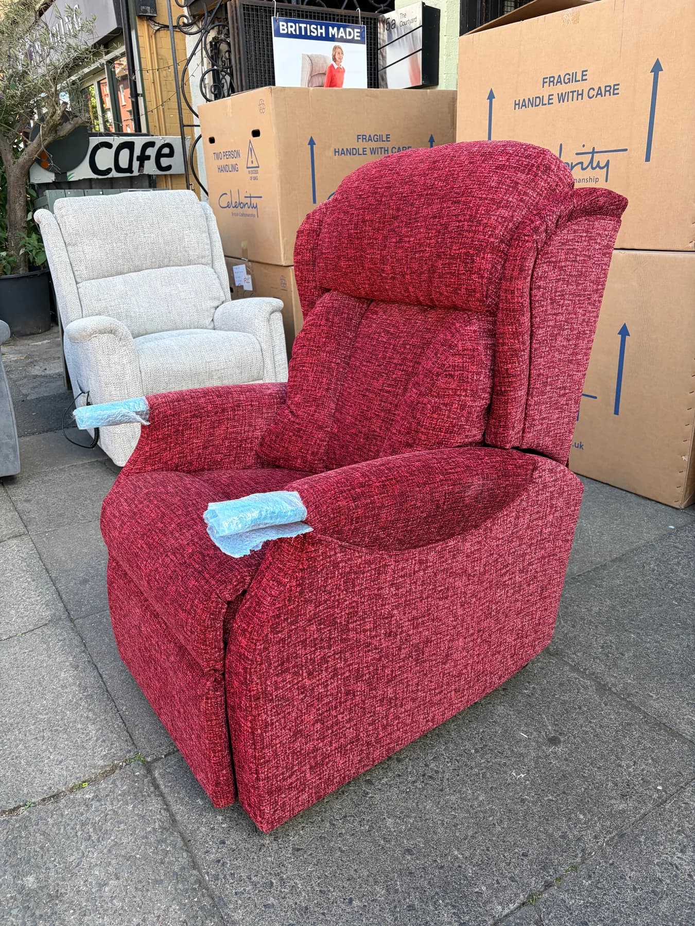 Canterbury Standard single-motor chair in Filey Ruby fabric, upright front view
