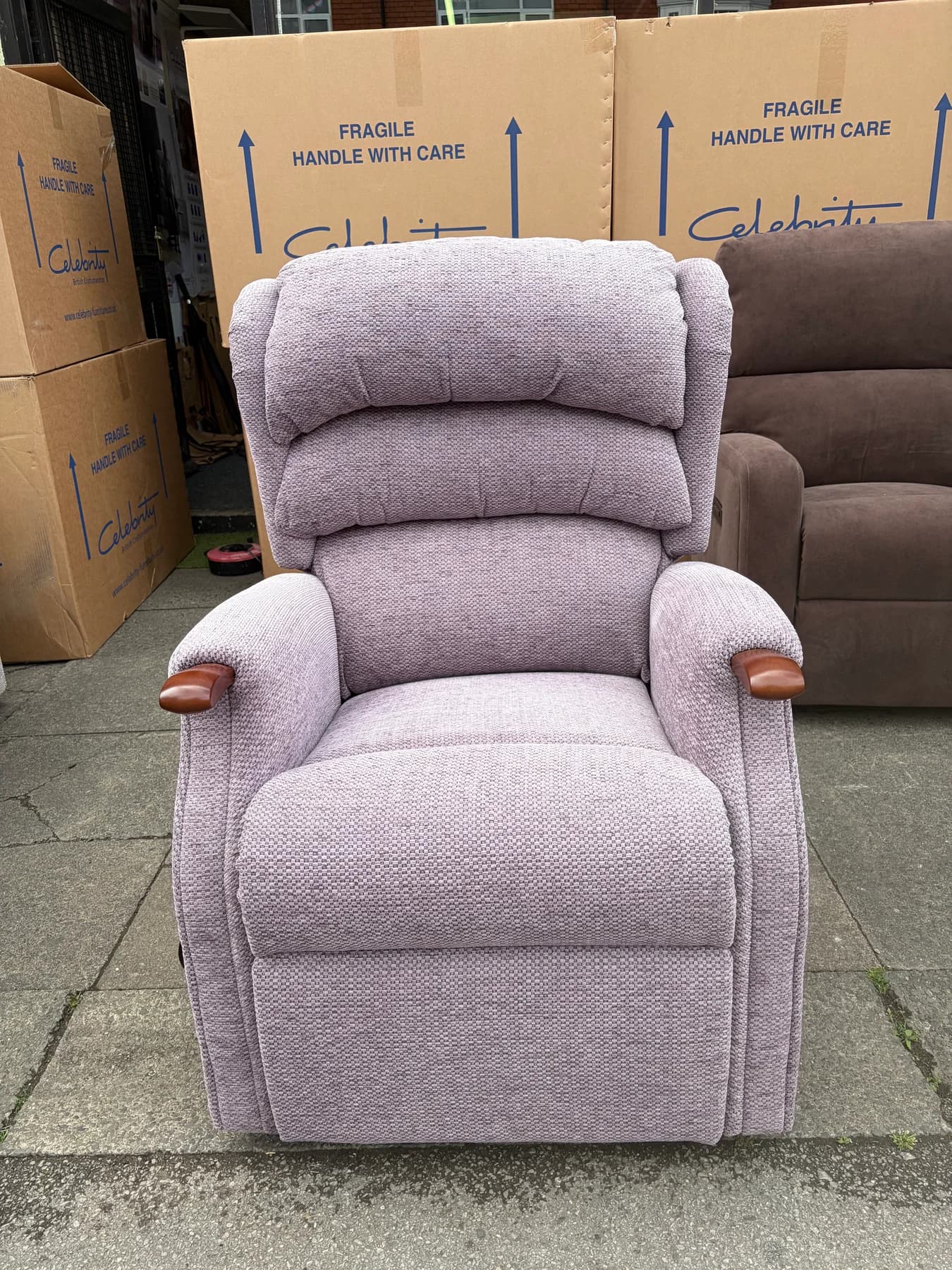 Westbury Standard Cloud Zero riser recliner with adjustable headrest in Buckley Heather, upright front view