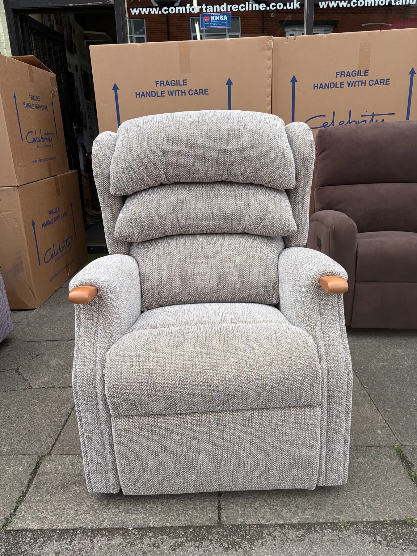 Westbury Large Cloud Zero riser recliner with adjustable headrest in Dalby Moss, upright front view