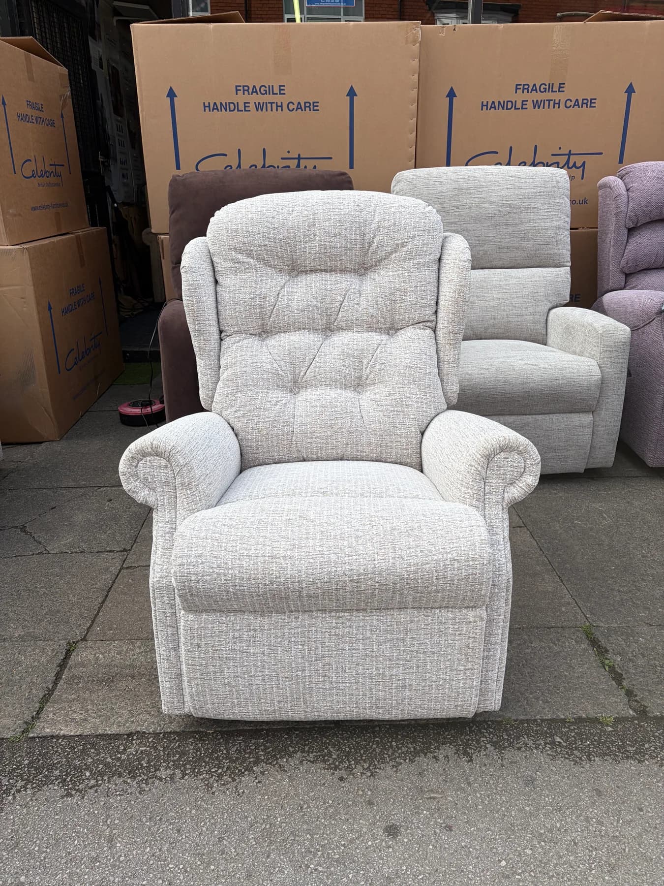 Woburn Petite dual-motor riser recliner in Byron Cappuccino, upright front view