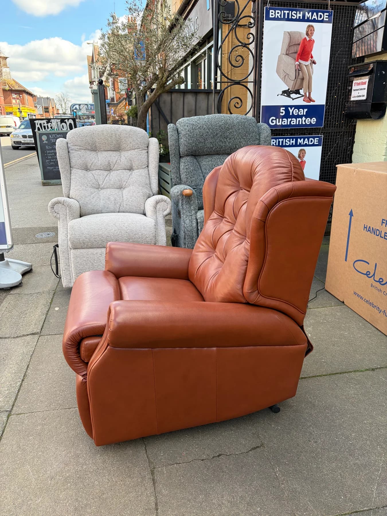Woburn Petite dual-motor chair in Lena Antique Walnut leather, upright three-quarter view