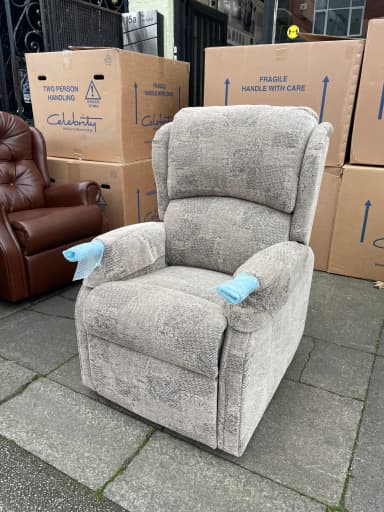 Wrestbury Standard dual-motor chair in Viareggio Fawn fabric with armcaps, upright front view