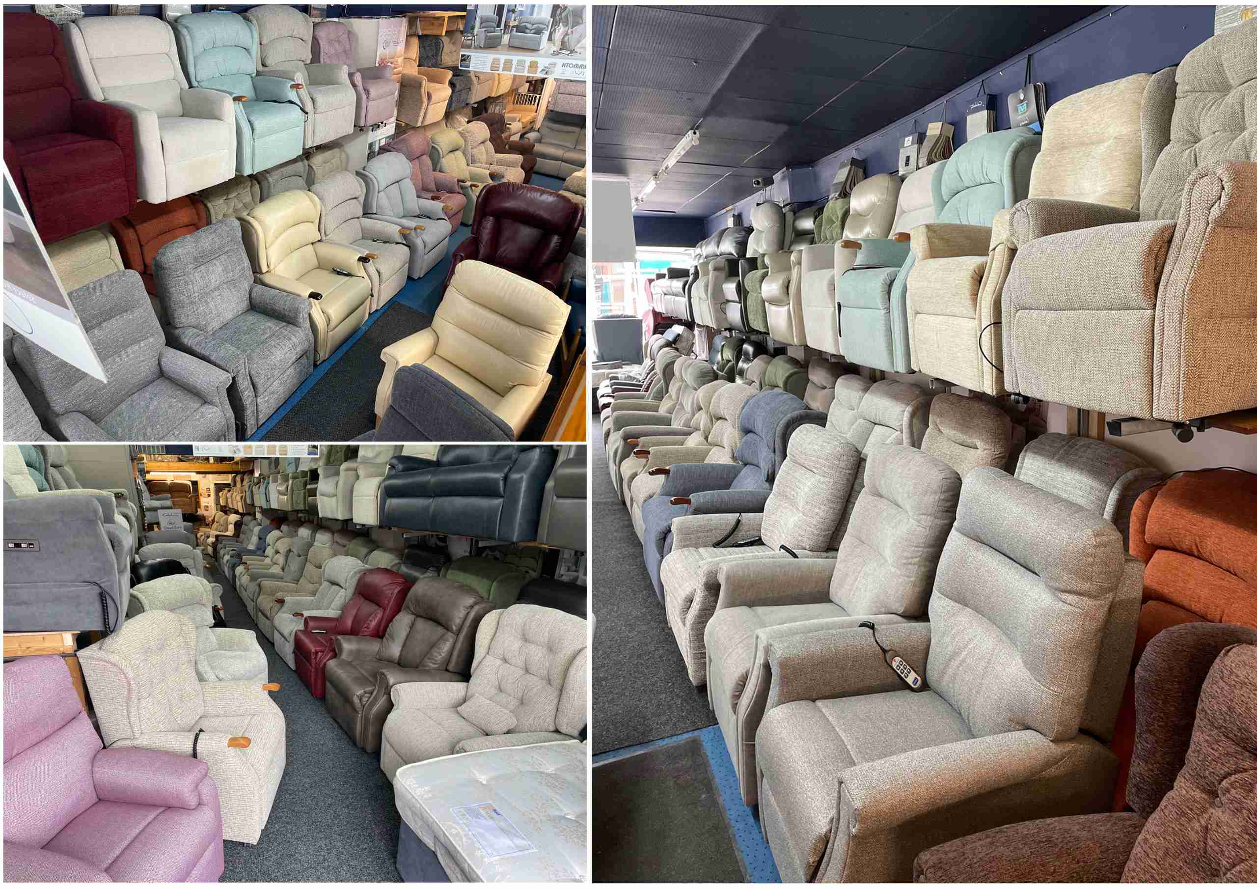 Original photographs of recliners displayed inside the York Road showroom